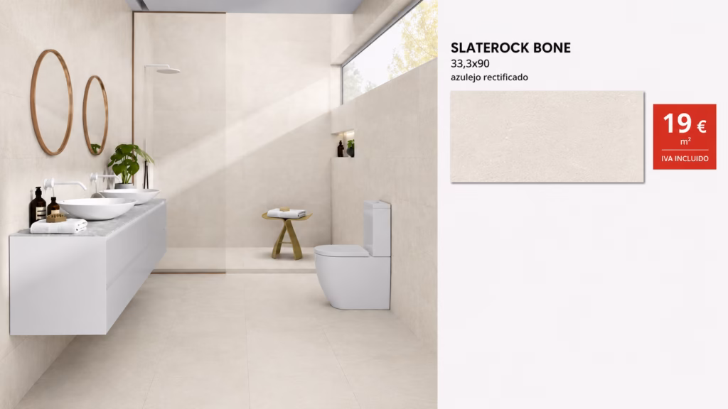 Modern beige bathroom with double sinks, round wooden mirrors, plant, and glass shower; tile sample and price shown on the right.