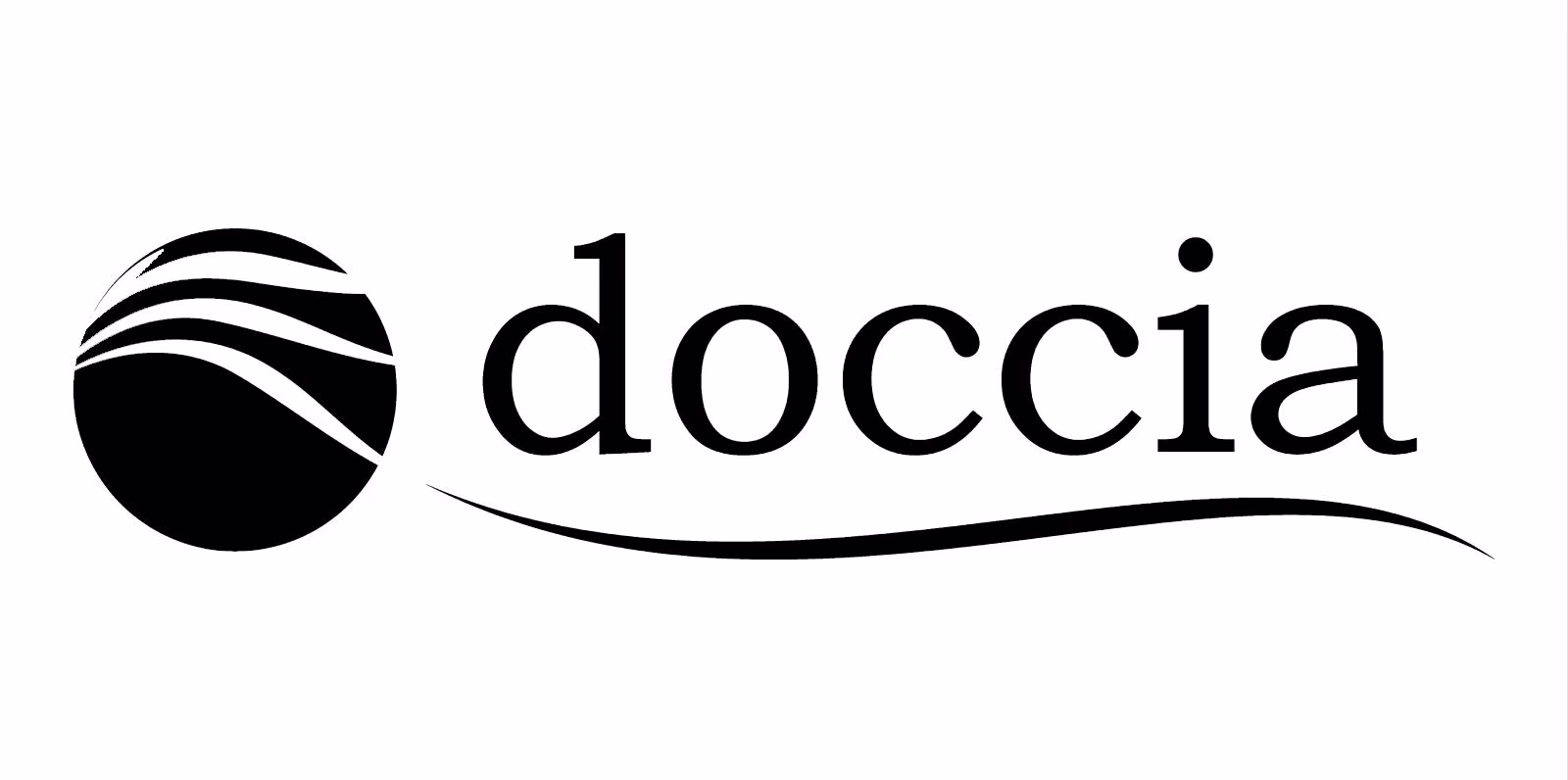 Doccia logo: black circular globe with white waves and the word 'doccia' in a serif font, with a curved swoosh beneath.