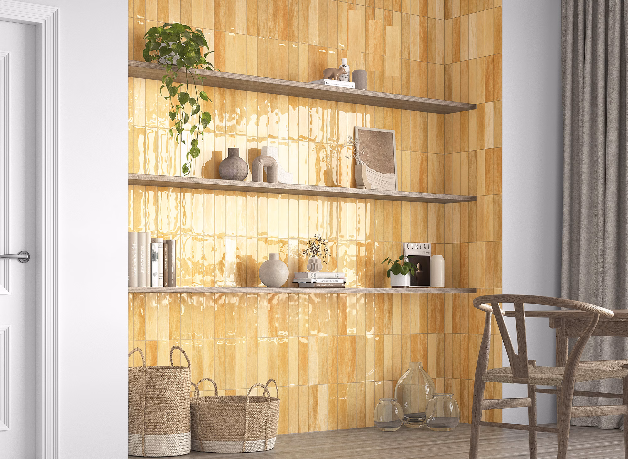 Yellow tiled wall shelving with potted plant, vases, books and decorative objects in a cozy reading nook edge of a white door frame.
