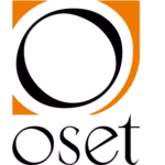 Logo containing a black circular ring inside an orange curved square, with the word 'oset' in a stylish serif font below.