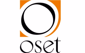 Logo containing a black circular ring inside an orange curved square, with the word 'oset' in a stylish serif font below.