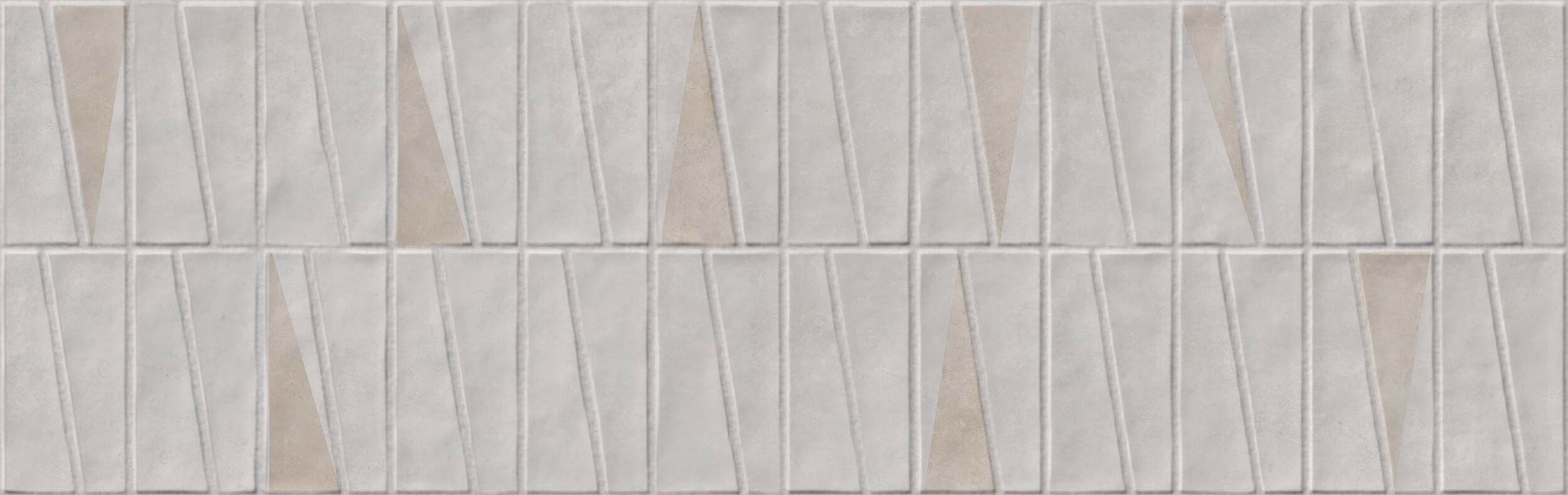 Close-up of a light gray tiled wall featuring vertical, slightly angled grooves and scattered beige triangular insets creating a subtle geometric pattern.