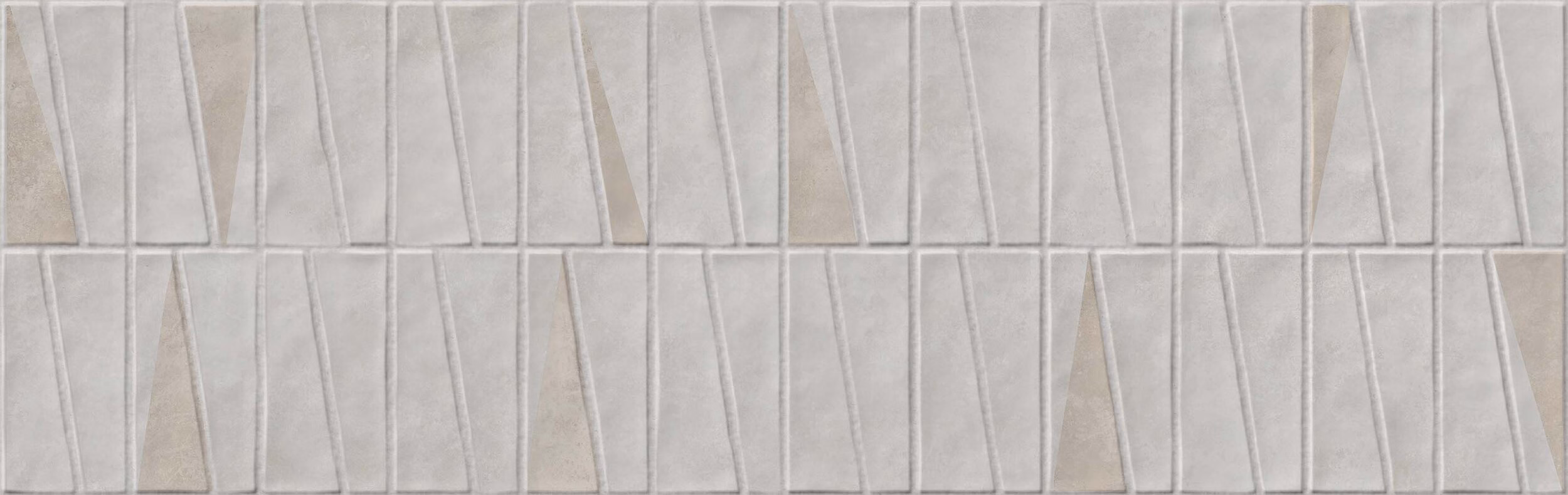 Close-up of a gray tiled wall with narrow vertical tiles and subtle diagonal beige shapes forming a geometric pattern.