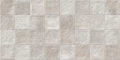 Light gray concrete tile wall with square tiles and thin grout lines.