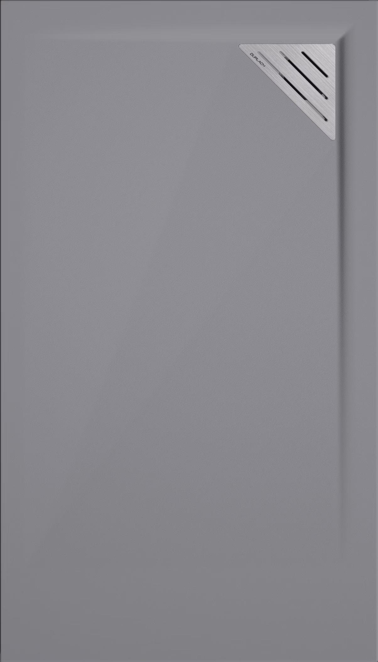 Grey metal door/panel with a brushed triangular corner vent in the top-right, featuring three parallel slots.