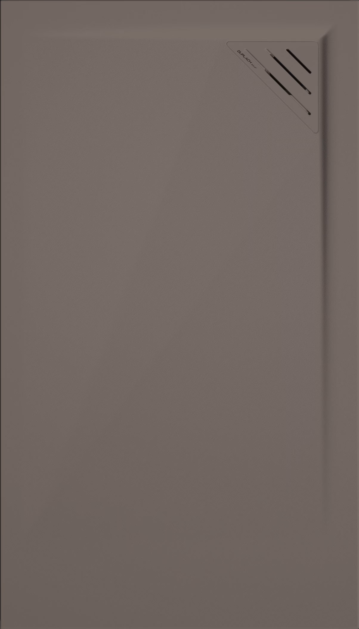 Close-up of a smooth beige wall with a small white triangular label in the upper-right corner showing three black parallel slits.