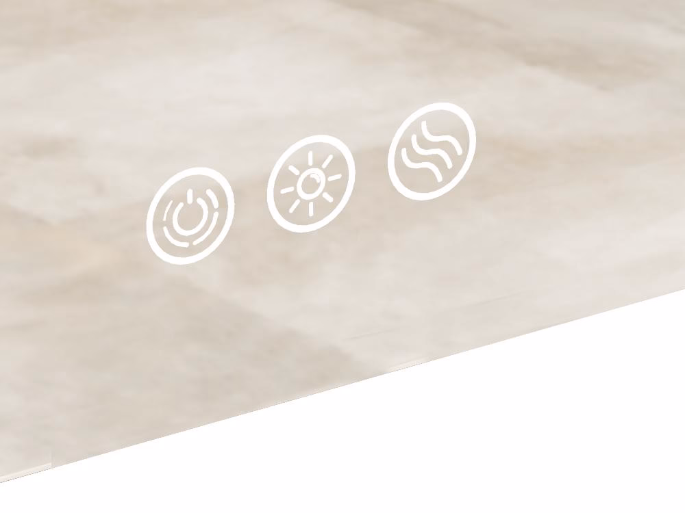 Three circular control icons on a light surface: power, sun/heat, and wavy lines (likely humidity/steam setting).