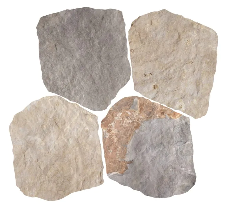 Four irregular natural stones in gray, beige, and tan tones arranged together with rough, textured surfaces.