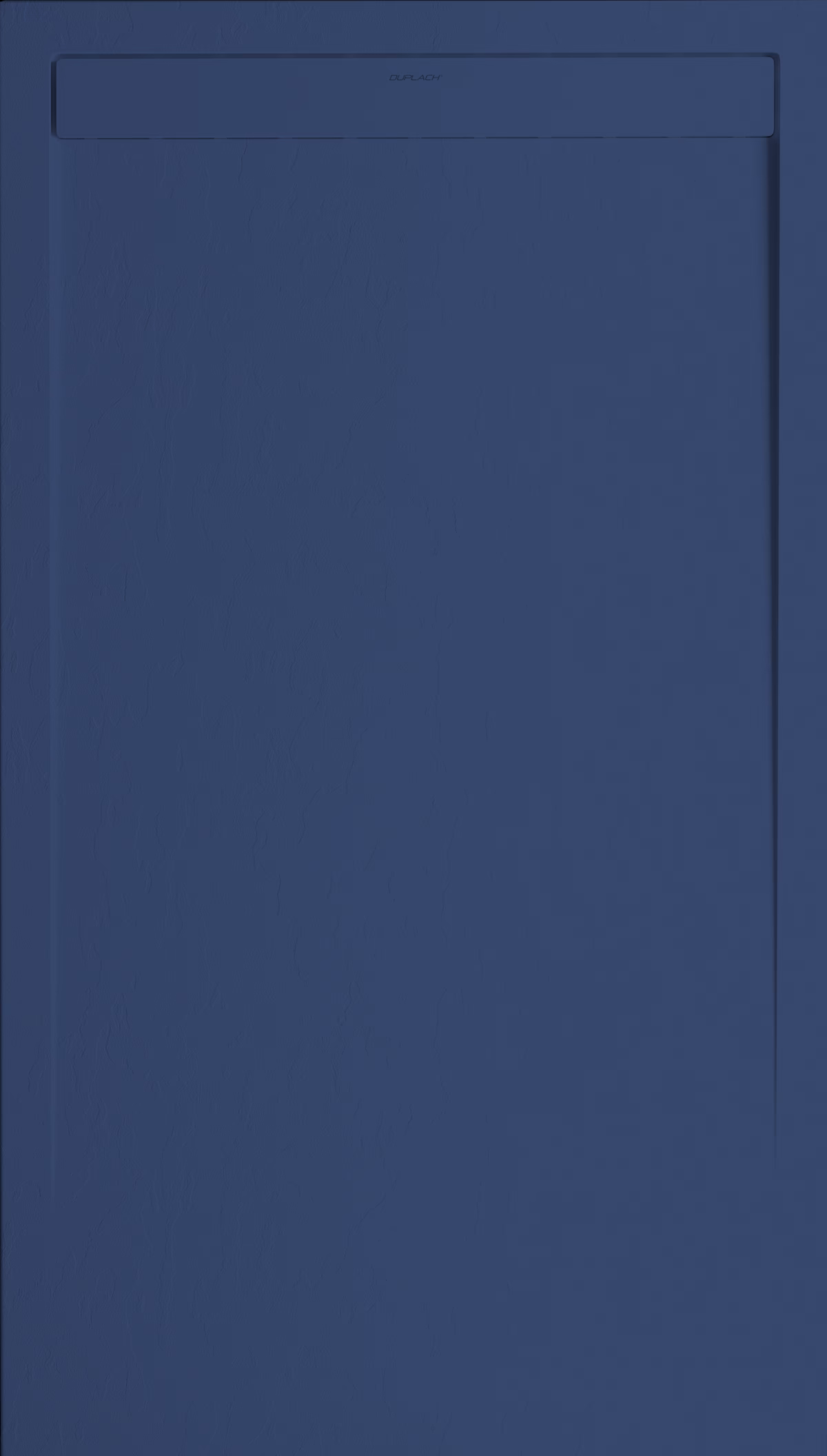 Blue cabinet door with a recessed central panel and slim top rail on a framed door edge, close-up.