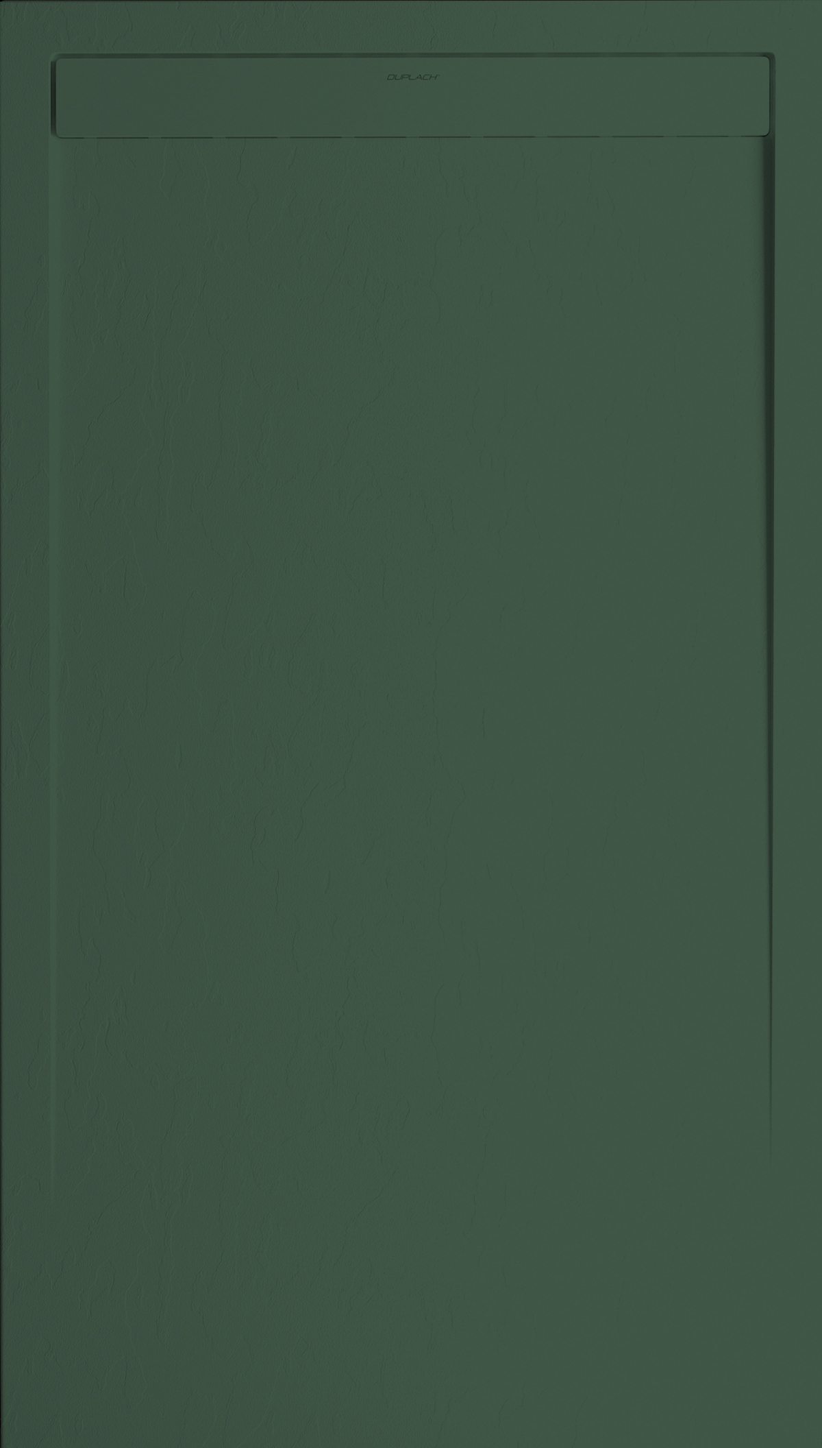 Close-up of a dark green textured cabinet door with a slim recessed panel at the top center and subtle grain patterns.